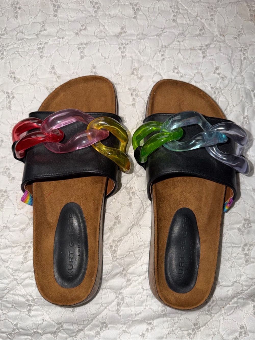 Kurt Geiger Black Slide Sandals with Rainbow Translucent Chain Links